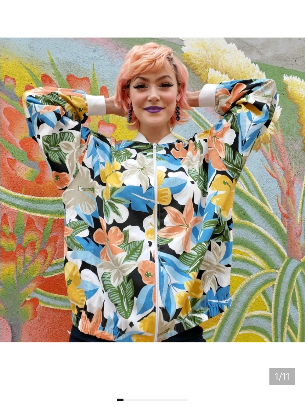 Bliss Floral Zip-Up Bomber Jacket in Black, Blue & Green